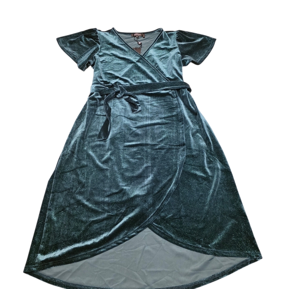 Badgley Mischka Elegant Sparkling Emeral Green Velvet Wrap Dress Size PM - Picture 7 of 16